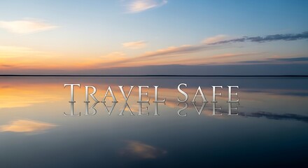 Tranquil sunset reflecting on calm water, with a message of travel safe, creating a serene and peaceful scene for journey
