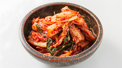 Head-up view of the Korean kimchi bowl scene, dark brown pottery and red and white kimchi form a color collision, the edge of the leaves retains a moist luster, the background is pure white without in