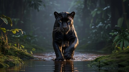 Black Panther Emerging from Jungle Mist