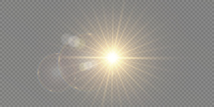 Sunlight flare with golden rays, bright glow, and sparkling reflections. Warm summer atmosphere, nature illumination, and soft daylight vector background illustration.