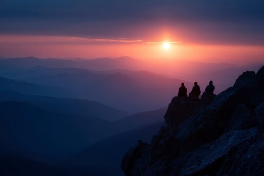 Silhouetted figures atop a rocky peak gaze out at a sunset over distant misty mountains - Powered by Adobe
