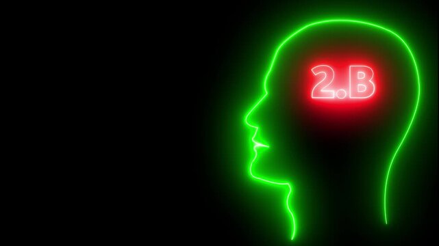 Human head line icon animation.2B one billion neon glowing cyan color text animation. Neon 2B text animation. on black background.