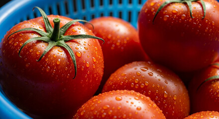 Close-up shot of fresh red tomatoes with droplets of water on their skin, placed in a blue plastic basket under natural light