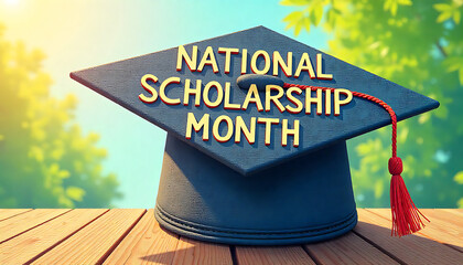 A graduation cap with national scholarship month text on a wooden surface outdoors 4k and hd image