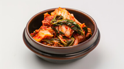 Head-up view of the Korean kimchi bowl scene, dark brown pottery and red and white kimchi form a color collision, the edge of the leaves retains a moist luster, the background is pure white without in