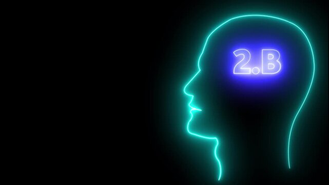 Human head line icon animation.2B one billion neon glowing cyan color text animation. Neon 2B text animation. on black background.