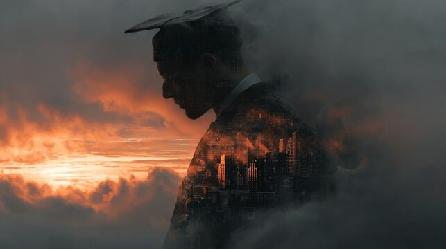 A new chapter: technology meets education in the future. Professional look. The silhouetted graduate: exploring future digital education interfaces. Studio portrait. Advertising photo.