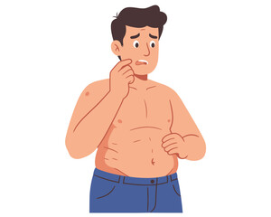 Fototapeta premium Worried man with stubble and chest hair touching his face with a concerned expression isolated on white background