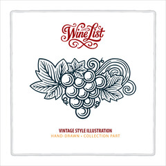 Hand-drawn grape cluster with detailed leaves and curls in elegant engraving style. Vintage grape line illustration. Perfect for wine menu, branding, and packaging design. Part of set.