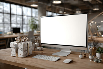 A blank white computer monitor sits on a desk in the office. A gift box and a festive atmosphere fill the office.
