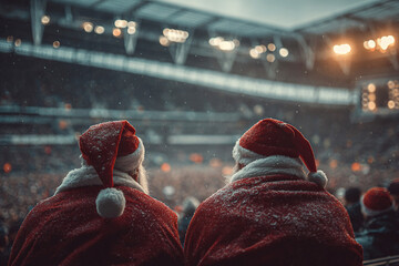 Two Santa Clauses are watching a football match at the stadium. Christmas game.