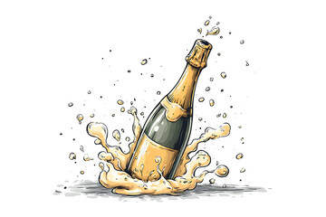 Champagne bottle splash illustration for new year party toast.