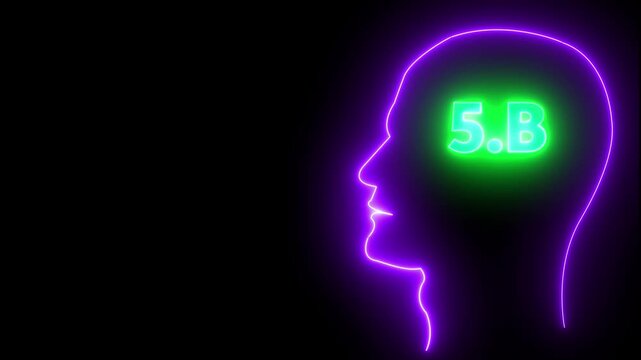 Human head line icon animation.5B one billion neon glowing cyan color text animation. Neon 5B text animation. on black background.