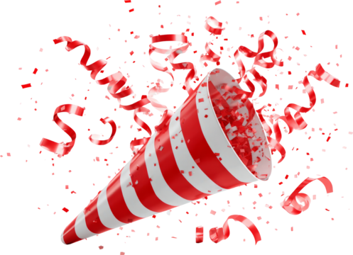 Party popper red white stripe confetti party popper cheer with red white stripe confetti swirl
