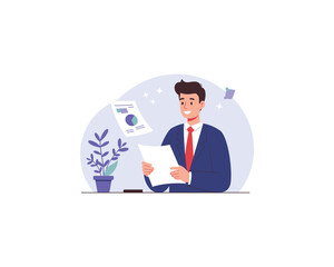 Young businessman in a suit and tie reviewing documents and a smartphone with a financial app on a desk with a plant