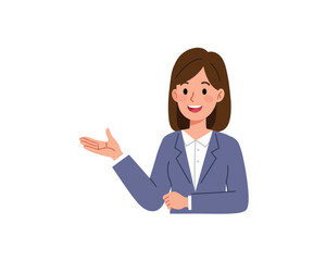 Friendly businesswoman in a blue suit gesturing with her hand to present an idea or product with a welcoming smile