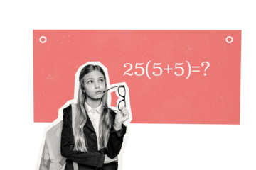 Composite photo collage of minded girl pouted lips hold glasses think math subject example solution education isolated on painted background