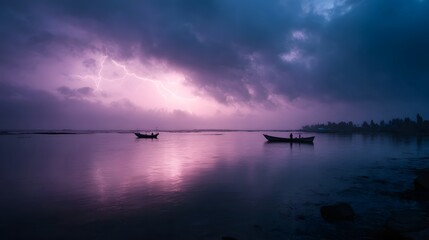 Dramatic lightning illuminates a stormy sky over a tranquil sea with silhouetted boats