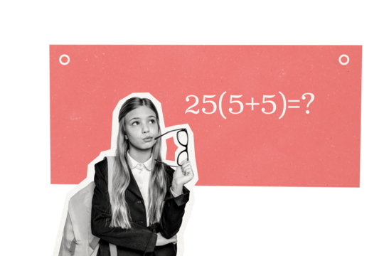 Composite photo collage of minded girl pouted lips hold glasses think math subject example solution education isolated on painted background