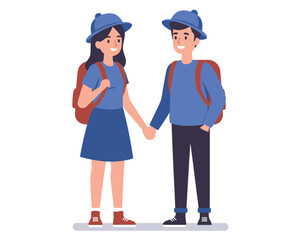 Young couple holding hands wearing backpacks and hats ready for a fun adventure together outdoors