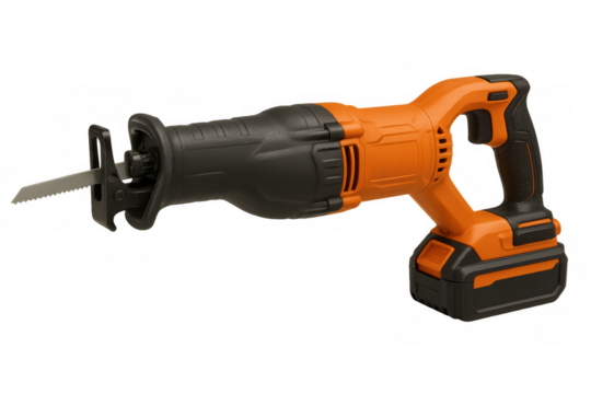 Cordless reciprocating saw with orange and black body, powerful power tool for construction and demolition work, transparent background