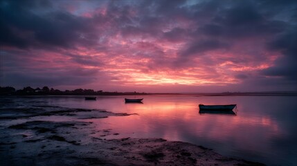 Dramatic sunset over calm water with boats and reflections on mudflats