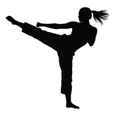 Female martial artist silhouette performing a powerful, dynamic high kick in a training or combat scenario, showcasing strength, agility, and self-defense discipline.