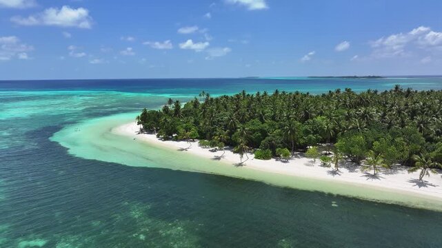 Aerial view of a tropical island with white sand beaches and lush green trees surrounded by crystal clear turquoise water, Goidhoo, Baa Atoll, Maldives.