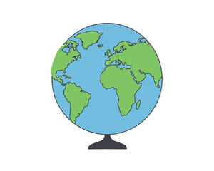 Stylized illustration of a colorful globe showing continents and oceans on a simple stand against a white background