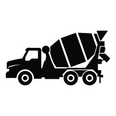 Black silhouette icon of a concrete mixer truck, a heavy construction vehicle used for mixing and transporting cement, vital for building sites, infrastructure, and roadwork.