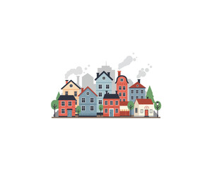 Charming illustration of a colorful row of diverse houses and buildings with trees and smoke from chimneys on a white background