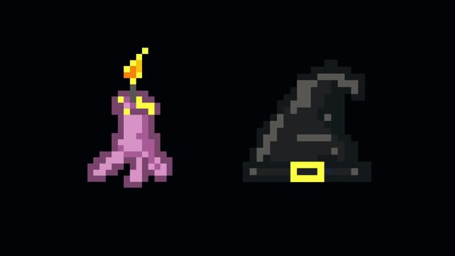 Halloween pixel art animation with a witch's hat and a candle on a black background, art, vintage.