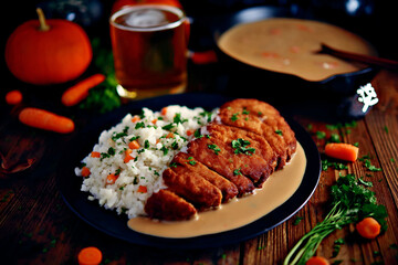 Delicious katsu cutlet served with rice and curry sauce, perfect for comfort food lovers