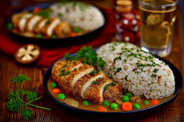 Delicious katsu cutlet served with rice and vegetables, comforting meal for any occasion