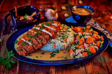 Delicious katsu cutlet served with rice, curry sauce, and fresh vegetables creates comforting