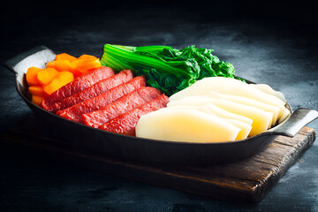 Fresh vegetables, thinly sliced beef, and potatoes arranged beautifully in hotpot