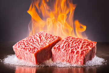 Sizzling Japanese wagyu steak with flames and salt creates dramatic culinary scene