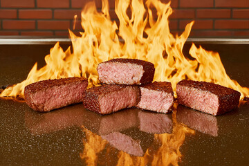 Sizzling Japanese wagyu steak on teppanyaki grill with flames creating dramatic scene