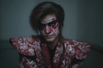 Dramatic Kabuki actor costume with striking makeup and intense expression