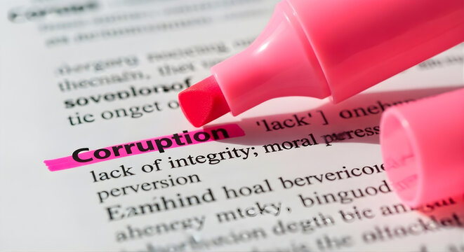 Close-up of a pink highlighter marking the word "Corruption" in a dictionary, emphasizing its definition and highlighting the negative impact of corrupt practices on society and institutions