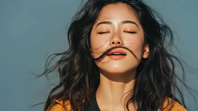 A young asian woman in meditation surrounded by natural light, embodying tranquility, relaxation, and vitality as she breathes deeply and lets go of stress