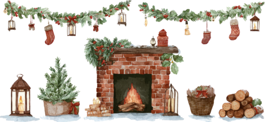 Cozy fireplace holiday decor brick hearth winter garland warm lanterns glow calm joy