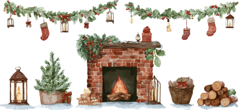 Cozy fireplace holiday decor brick hearth winter garland warm lanterns glow calm joy