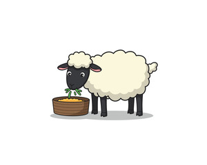 Cute cartoon sheep with fluffy white wool eating hay from a wooden trough on a white background