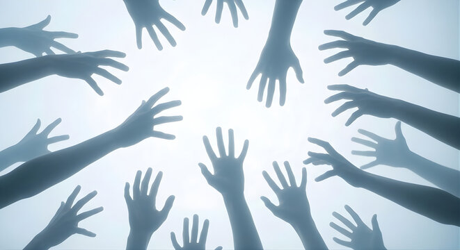 A multitude of outstretched hands reaching upwards towards a bright light, symbolizing hope, connection, and support in times of need, with a sense of unity and shared aspiration