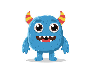 A cute and friendly cartoon blue monster with big eyes and striped horns smiling happily on a white background