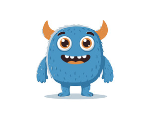 Cute friendly blue furry monster with orange horns and big eyes smiling with teeth showing on white background