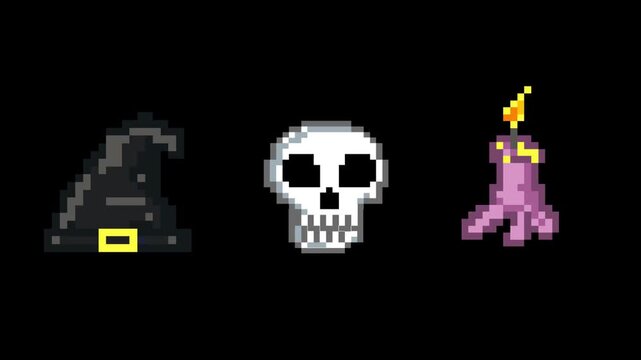 Halloween pixel art animation with a witch's hat, a skull, and a candle on a black background, art, vintage.