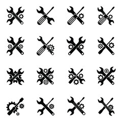 A collection of repair and maintenance tool icons featuring crossed wrenches, screwdrivers, and gears, representing service, engineering, and support solutions.