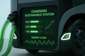 Close-up of an electric truck charging at a sustainable station. Digital display shows battery level and energy flow data. Future of green transport and e-mobility technology